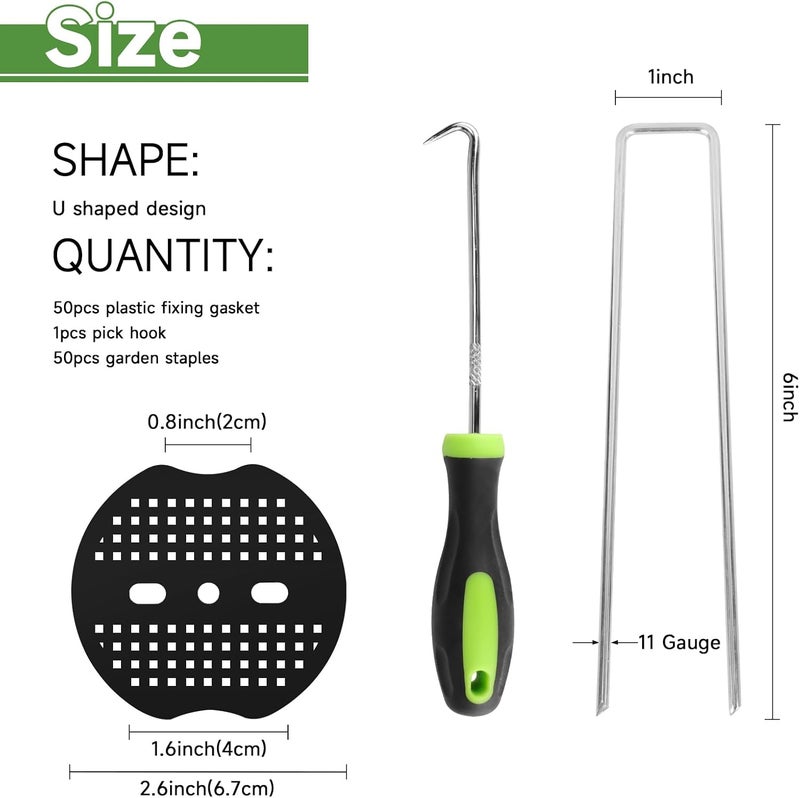 JELNER Garden Stakes,6 Inch 11 Gauge 50pcs Galvanized Landscape Staples + 50pcs Gaskets + 1Pick Hook,Tent Stakes Landscaping Fabric SOD Pins for Weed Fabric Barrier,Groud Cover,Fence - Image 2